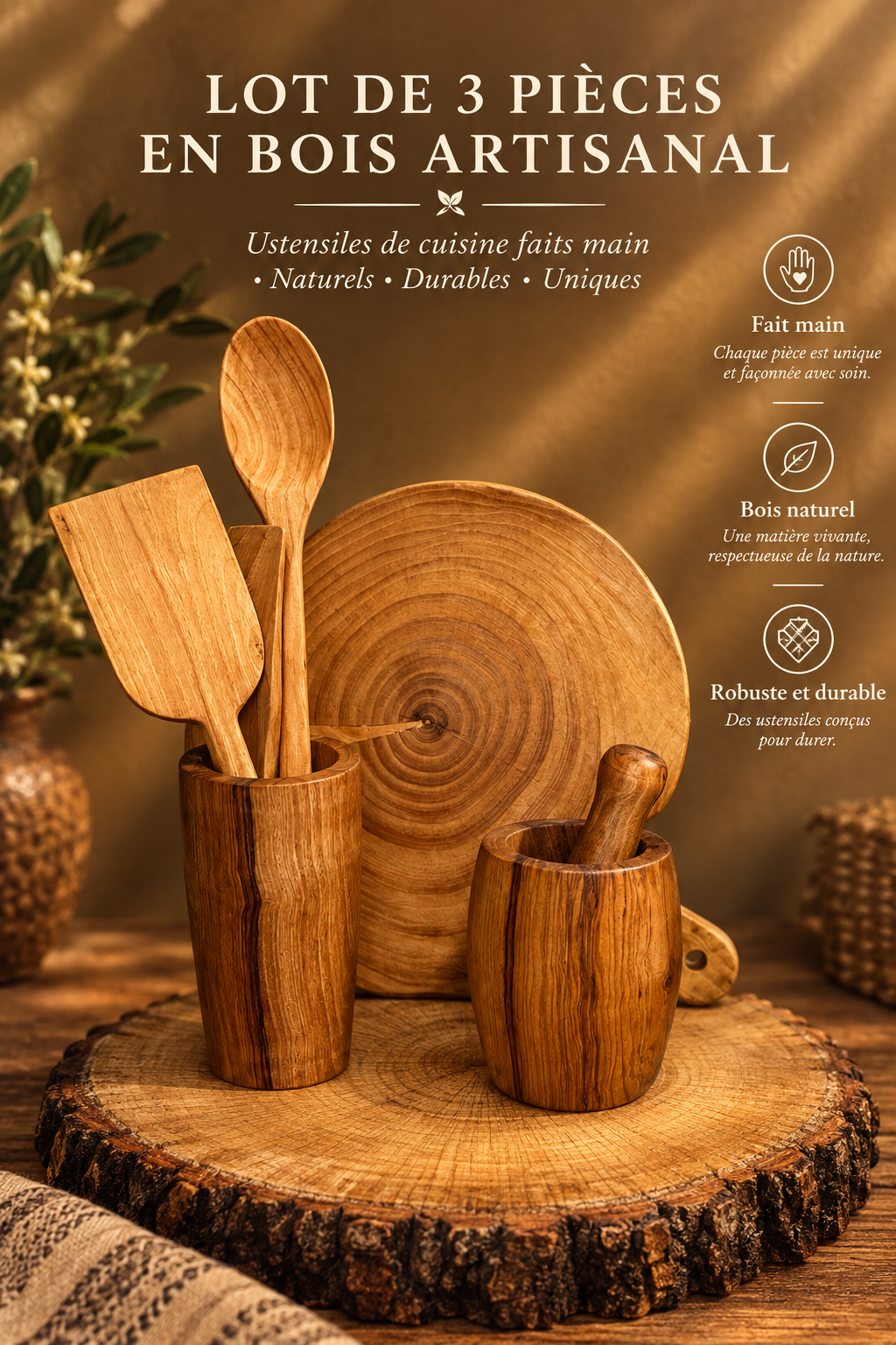 Lot de 3 Pièces en Bois Massif – Ustensiles de Cuisine Artisanaux