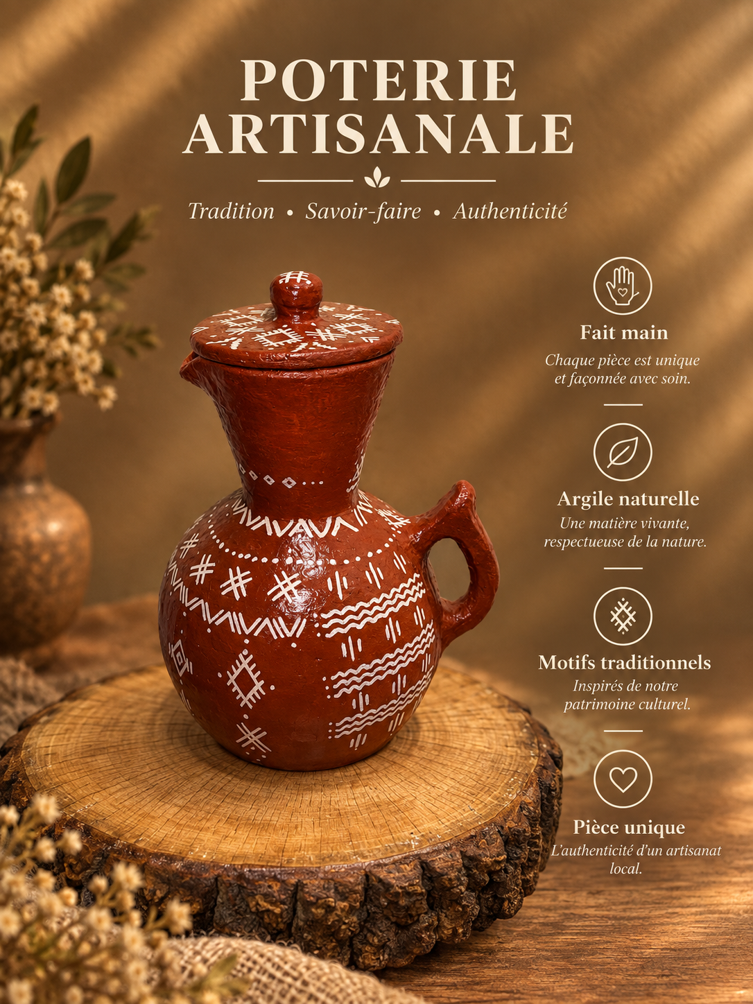 Cruche berbère à couvercle, motifs blancs