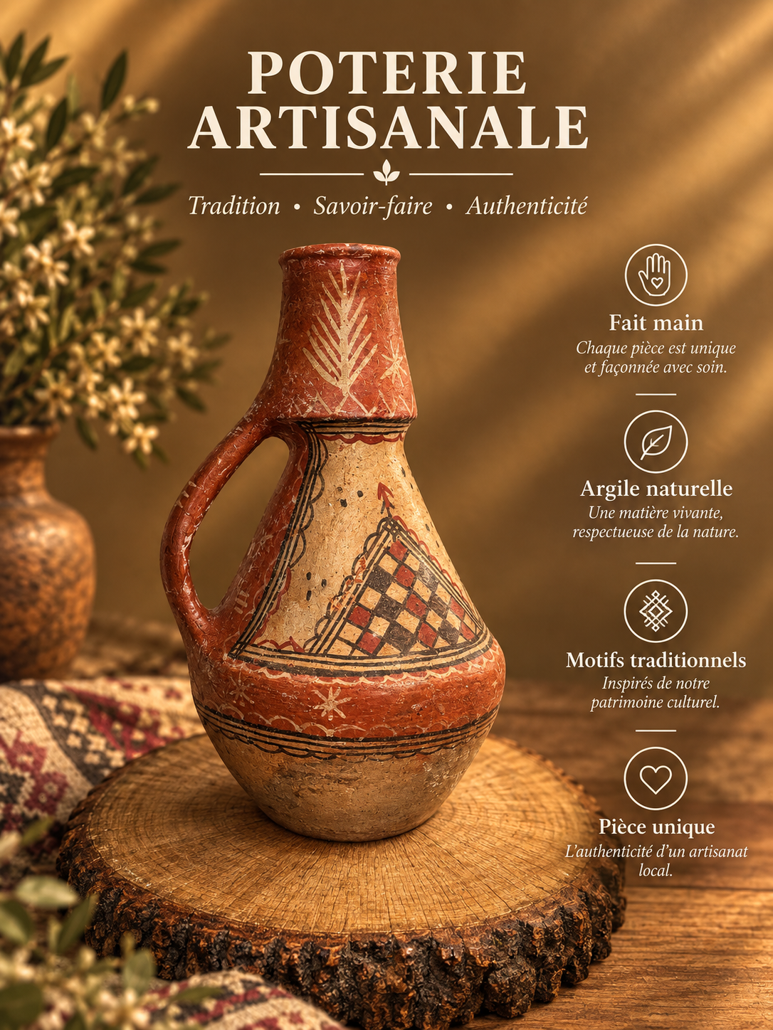 Vase bicolore rouge/beige, motifs géométriques