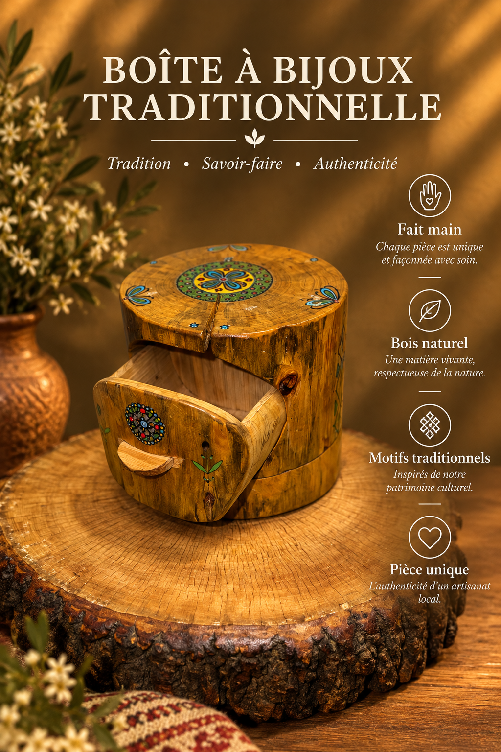 Boîte à Bijoux en Bois Massif – Motifs Peints à la Main