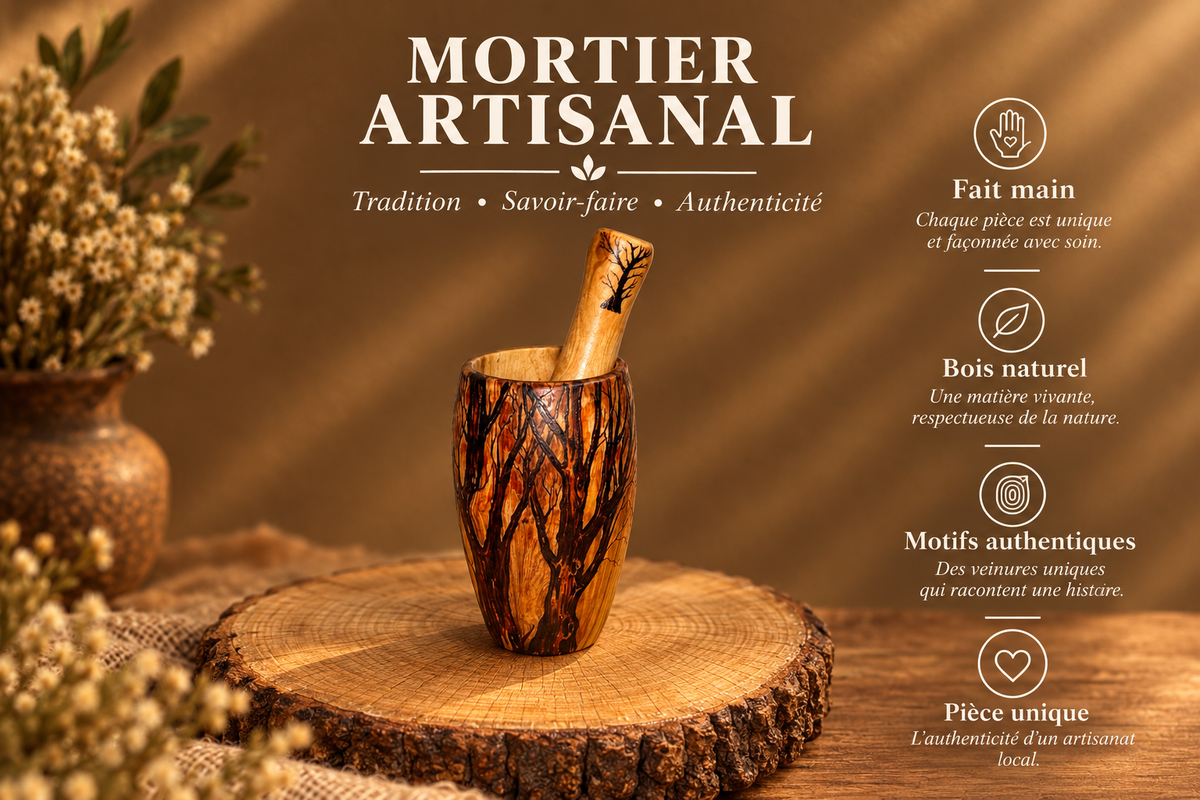 Mortier Cylindrique en Bois Massif – Motif Arbre Noir