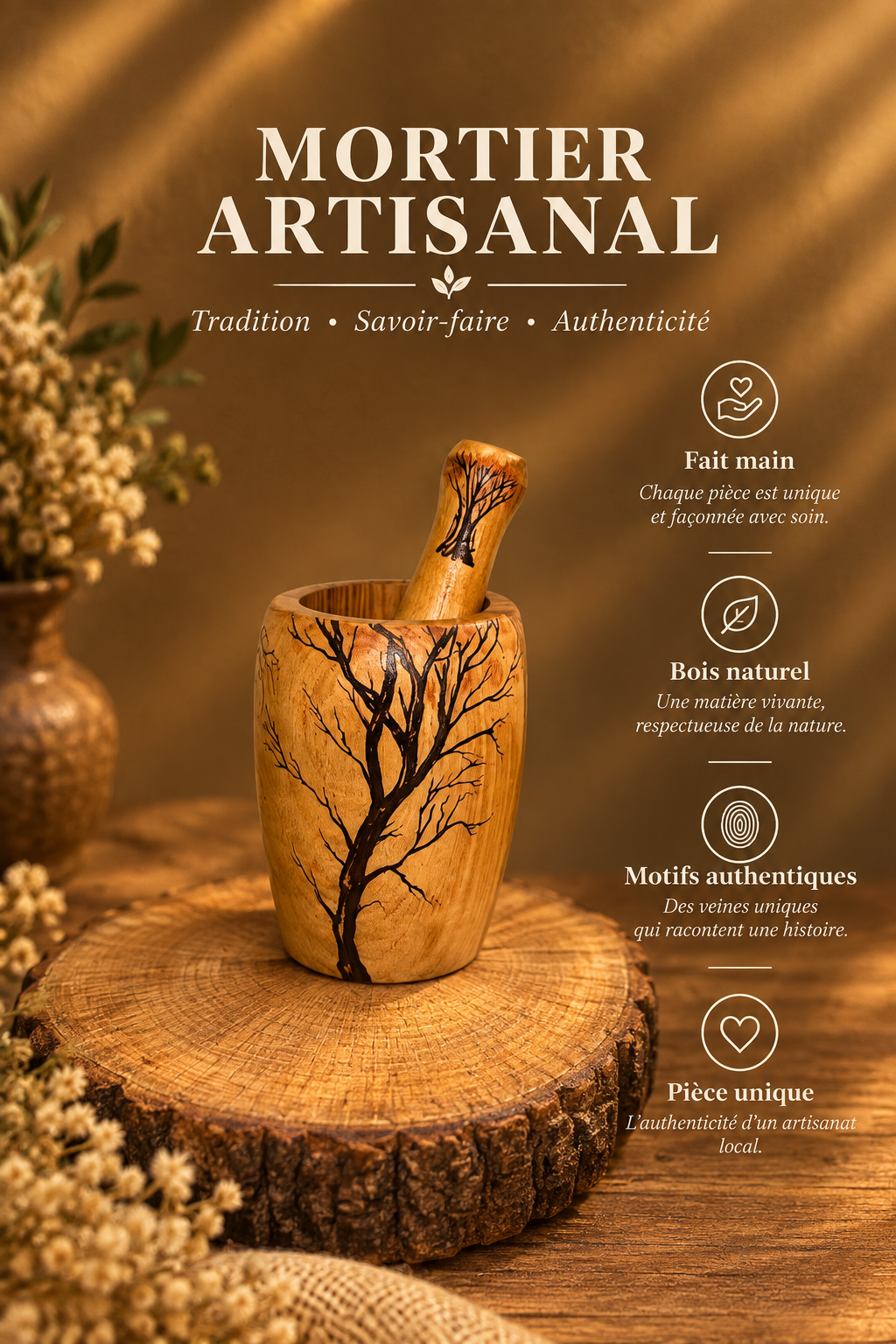 Mortier Haut en Bois Massif – Motif Branchages Dense