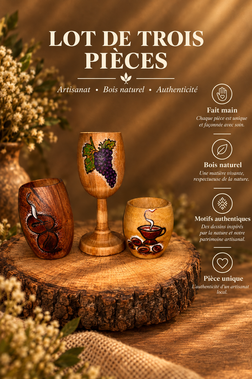 Lot de 3 Verres en Bois Massif – Motifs Peints à la Main