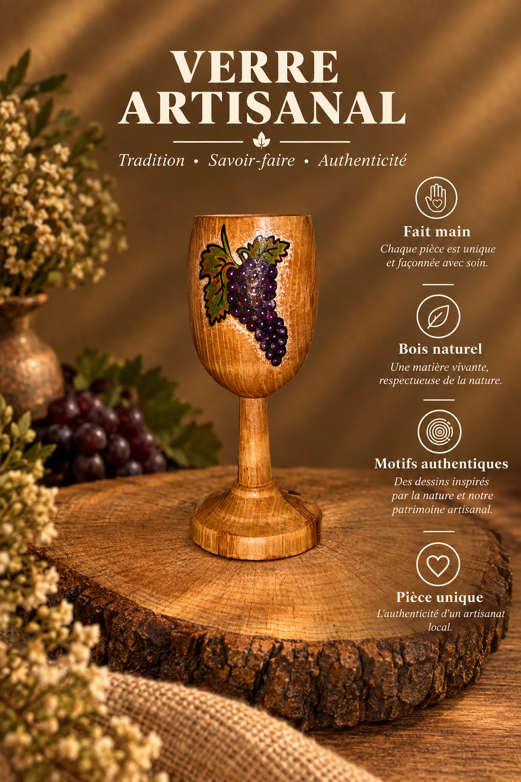 Verre à Pied en Bois Massif – Motif Grappe de Raisin Peint