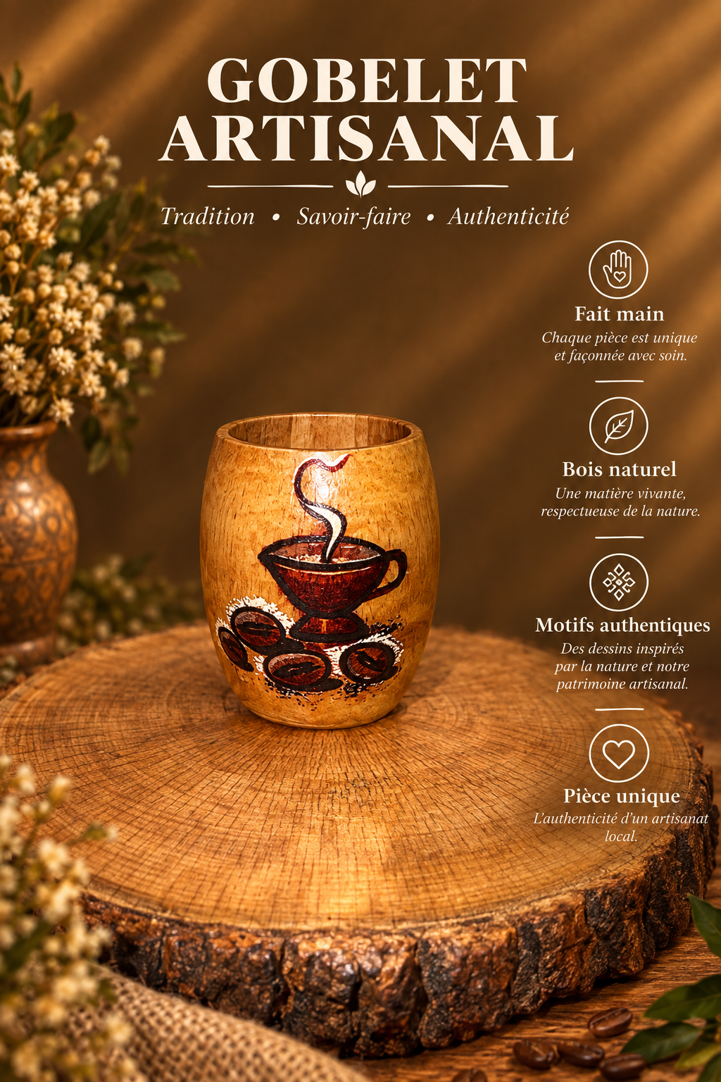 Gobelet en Bois Massif – Motif Tasse de Café Peint