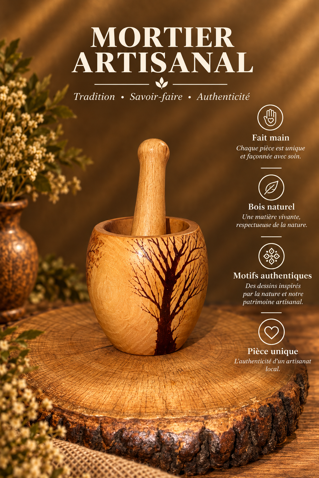 Mortier en Bois Massif – Motif Arbre Gravé