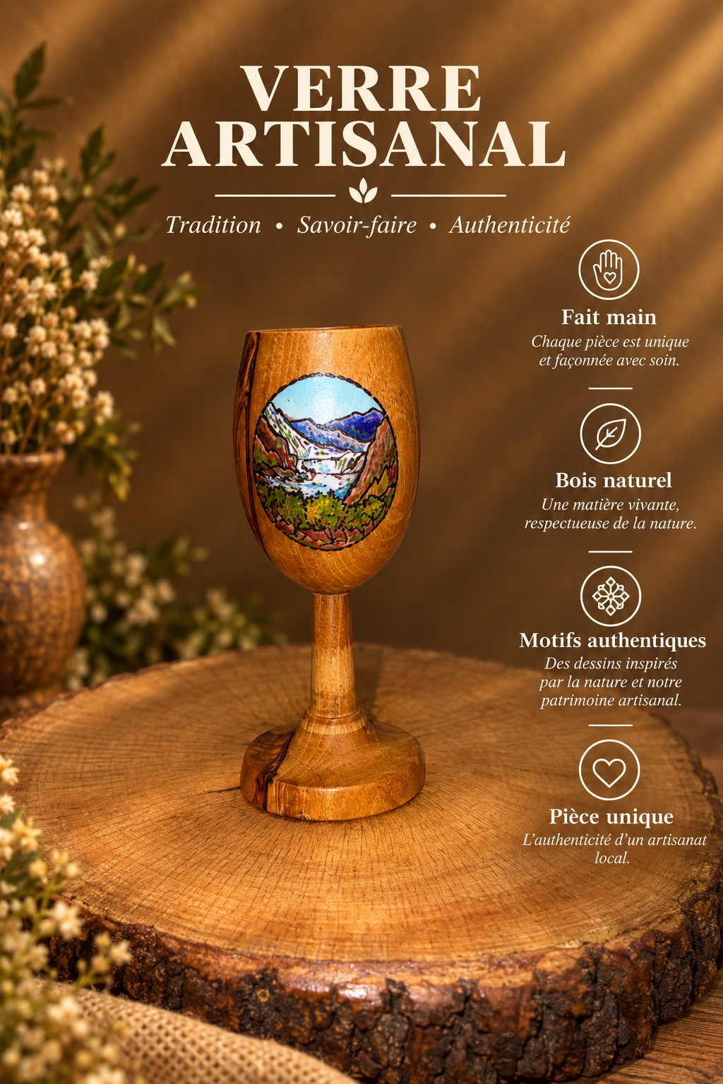 Verre à Pied en Bois Massif – Paysage de Montagne Peint