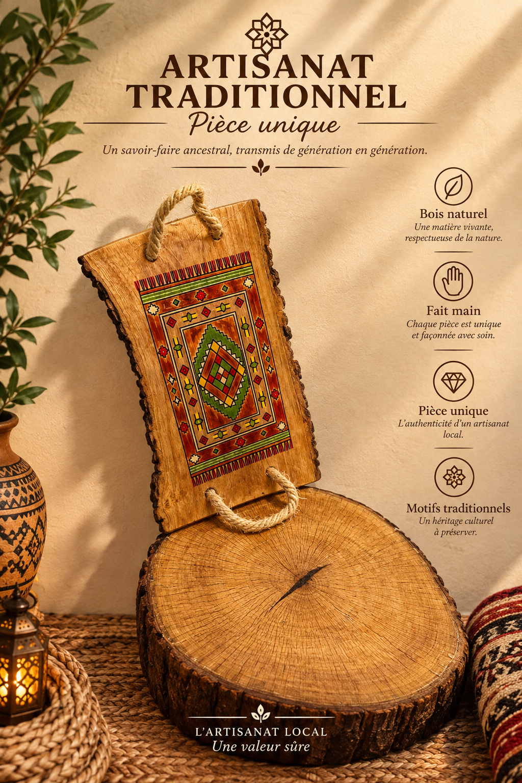 Plateau en Bois Brut – Motif Berbère Peint Main
