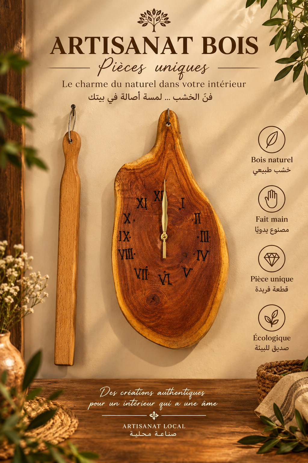 Horloge Murale en Bois Brut – Tranche Naturelle