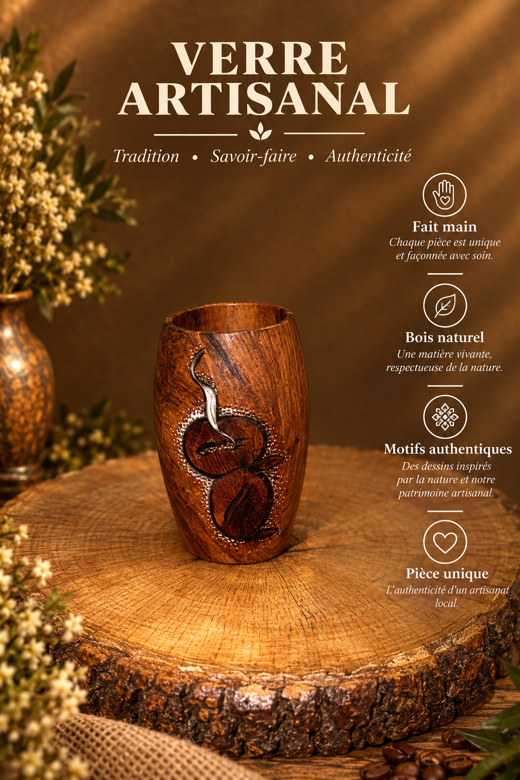 Gobelet en Bois Massif – Motif Grains de Café Gravé et Peint